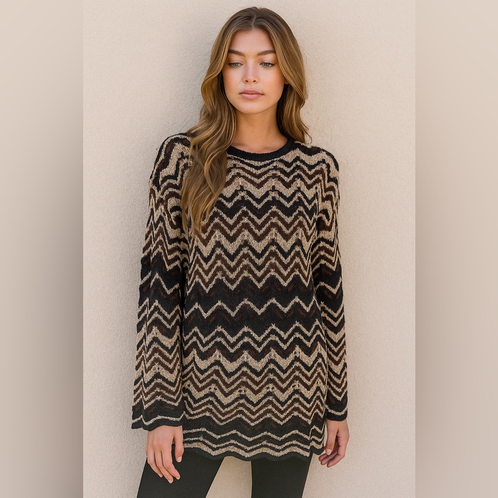 NORTHERN TRADITIONS | VINTAGE Chevron Black Brown Tan Woven Scalloped Sweater